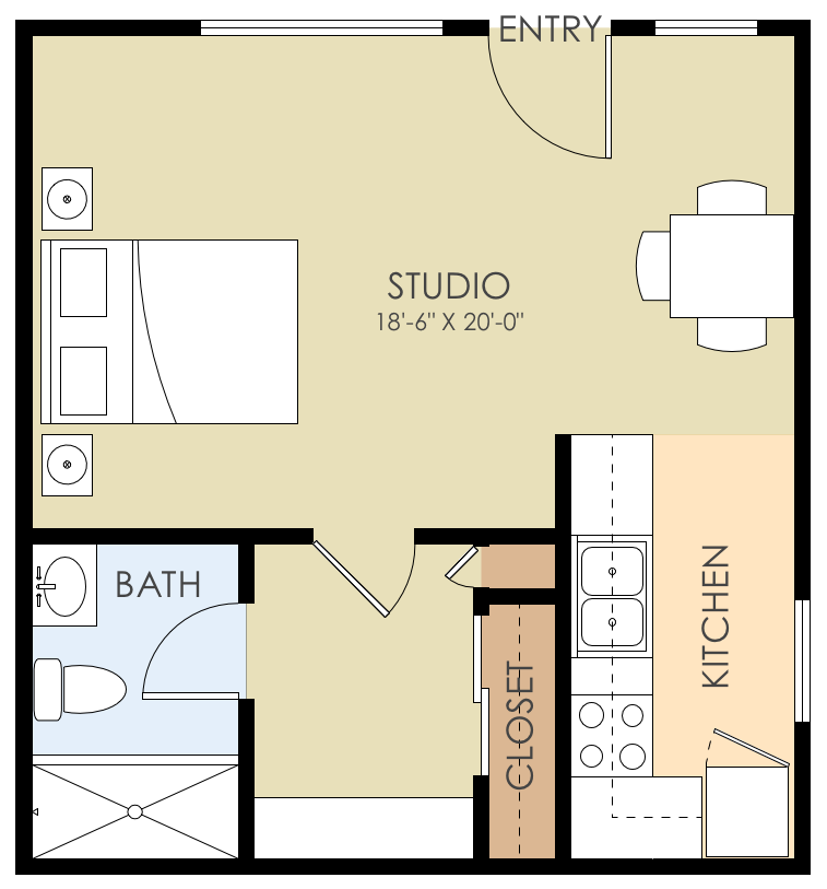 Floor plan for studio, 1 bath, 374 sqft
